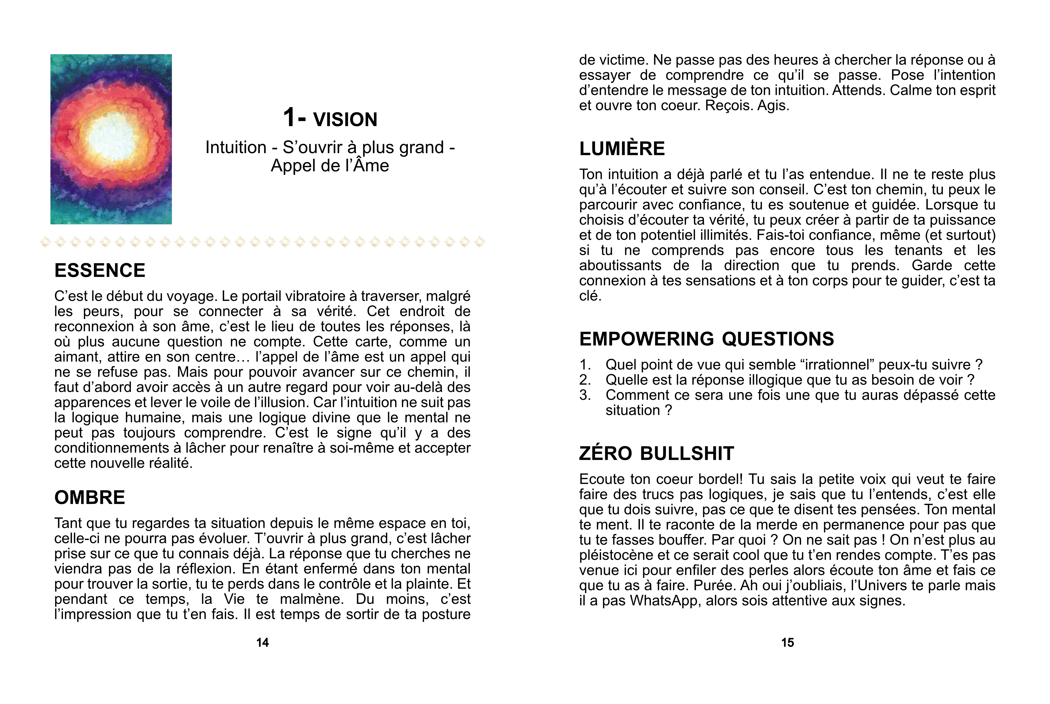 Exemple d'une page du livret de l'oracle D'une Rive à l'Autre
